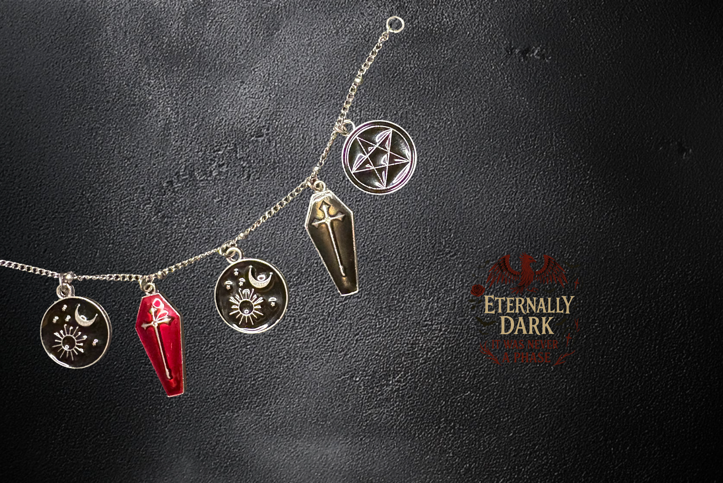 ⚰️ Crimson Coffin (Coffin & Pentagram Charm Bracelet)